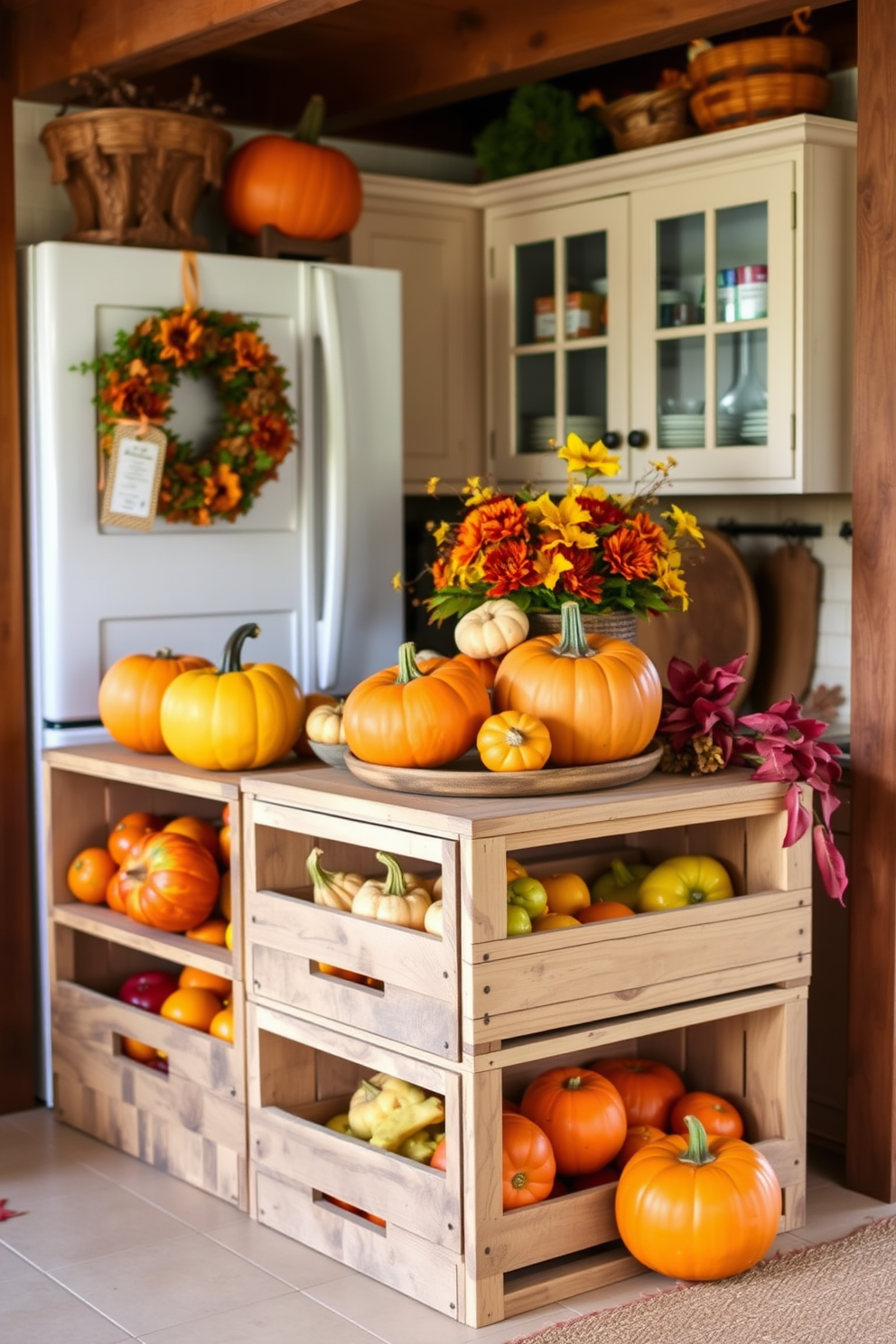 A cozy fall kitchen decorated with wooden crates for organized storage. The crates are filled with seasonal fruits and vegetables, adding a rustic touch to the space. Warm autumn colors adorn the kitchen, with accents of orange, yellow, and deep red. A beautifully arranged display of pumpkins and gourds sits atop the wooden crates, enhancing the fall theme.