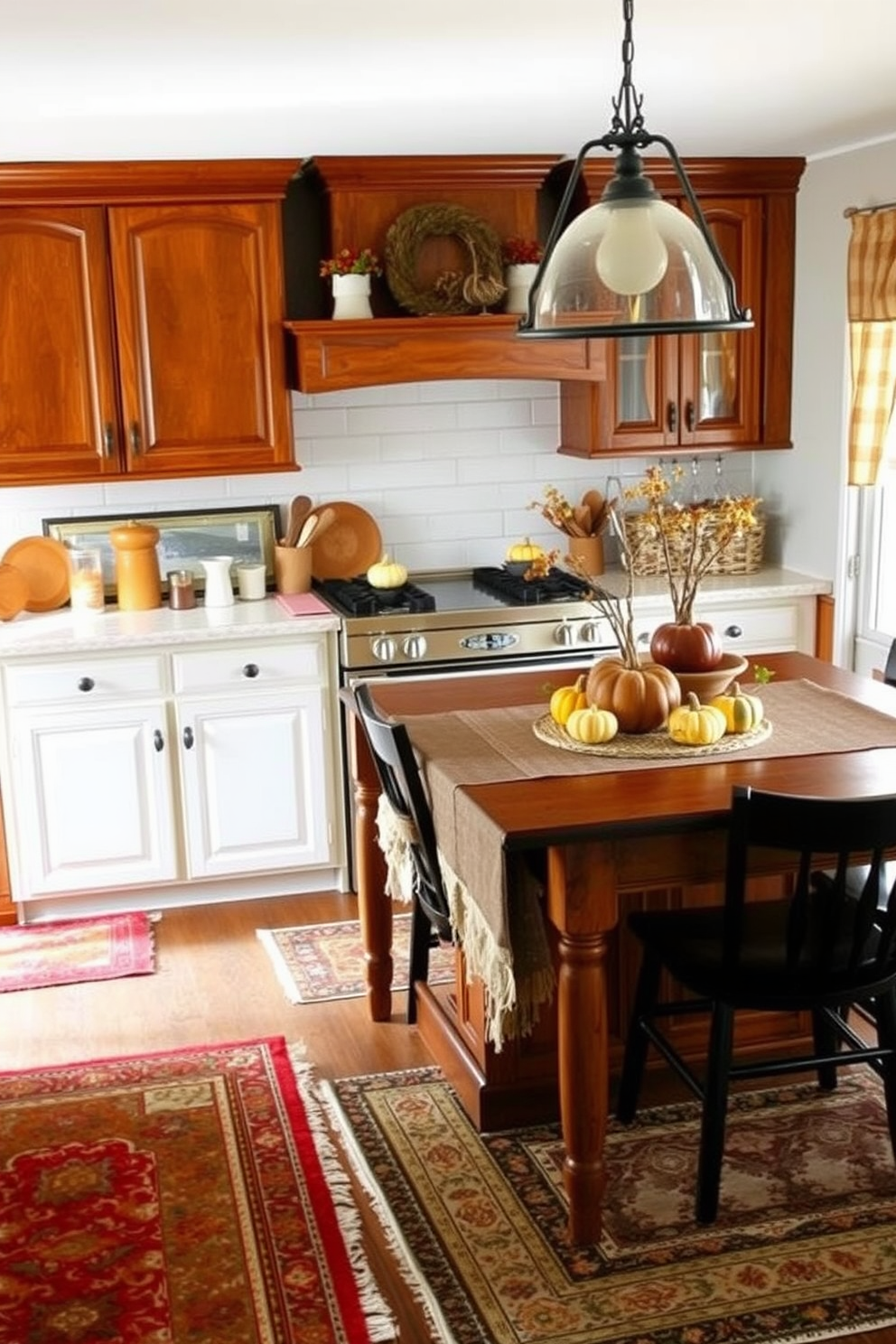 A cozy kitchen space adorned with layered rugs that add depth and warmth to the room. The rugs feature a mix of patterns and colors, complementing the rich wooden cabinetry and the warm tones of autumn decor. The kitchen island is decorated with seasonal items like small pumpkins and gourds, creating a festive atmosphere. Soft lighting enhances the inviting ambiance, making it the perfect spot for family gatherings during the fall season.