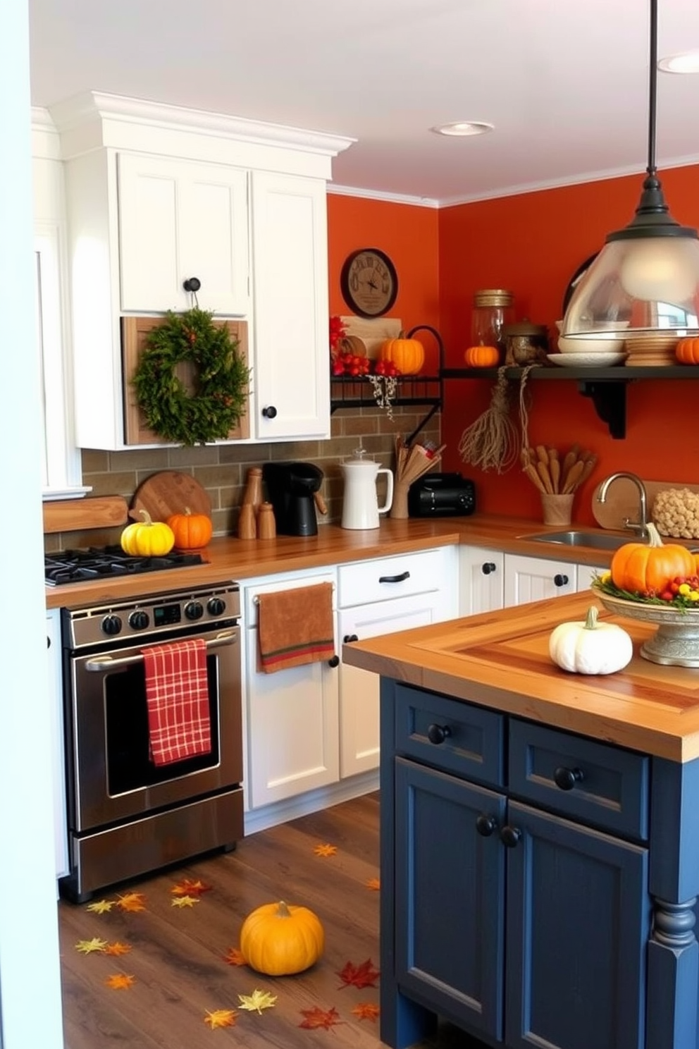 A cozy fall kitchen featuring rustic wood accents on the countertops. Warm tones of orange and yellow are complemented by seasonal decorations like pumpkins and autumn leaves scattered across the space.