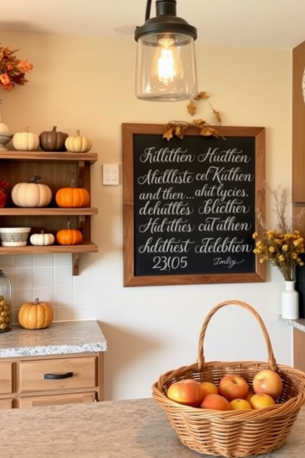 A cozy fall kitchen setting. The walls are adorned with a chalkboard featuring seasonal quotes in elegant handwriting, surrounded by warm autumn decorations. Rustic wooden shelves display pumpkins and gourds, while a woven basket filled with apples sits on the counter. Soft, ambient lighting creates a welcoming atmosphere, inviting family and friends to gather.