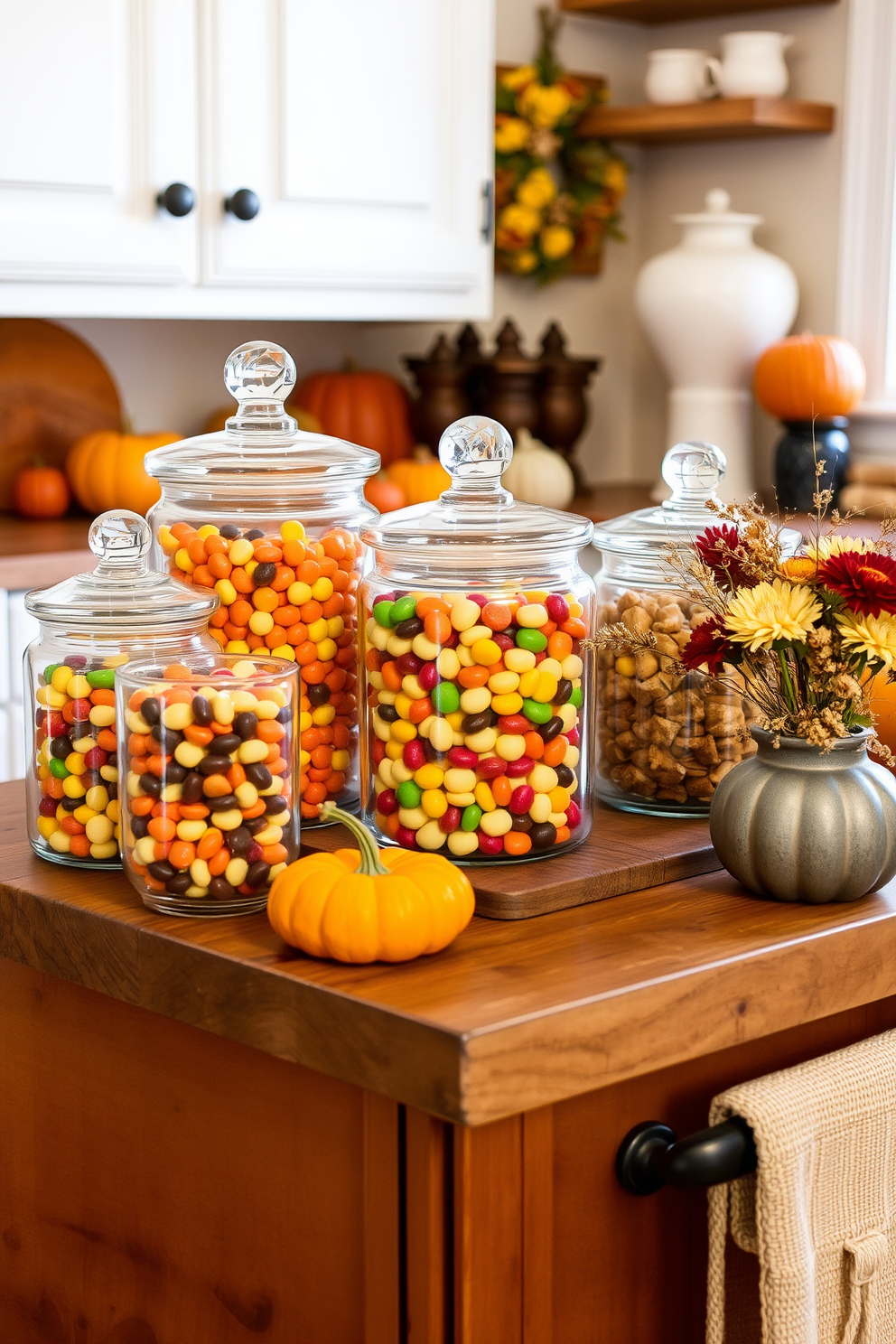 A cozy fall kitchen setting featuring glass canisters filled with colorful candies arranged on a rustic wooden countertop. The warm autumn colors are complemented by decorative pumpkins and a bouquet of dried flowers placed nearby.