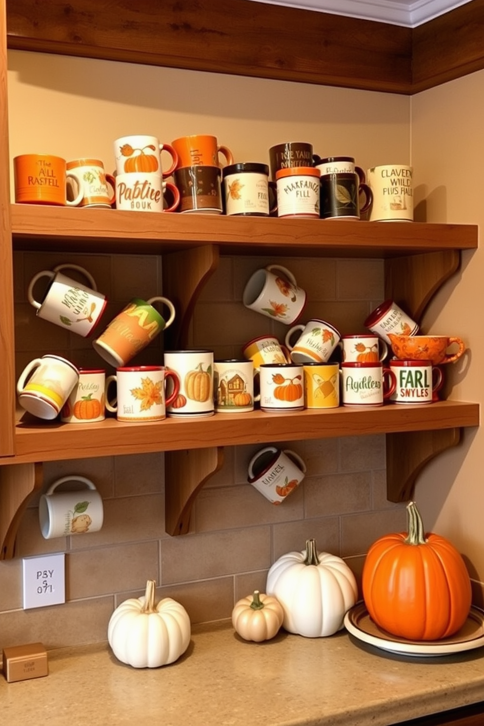 Seasonal mugs are artfully arranged on open wooden shelves, showcasing a variety of autumn-themed designs and colors. The warm tones of the mugs complement the rustic decor of the kitchen, creating a cozy and inviting atmosphere. Pumpkins and gourds are strategically placed alongside the mugs, enhancing the fall theme and adding a touch of seasonal charm. Soft, ambient lighting highlights the shelves, making the display a focal point in the kitchen.