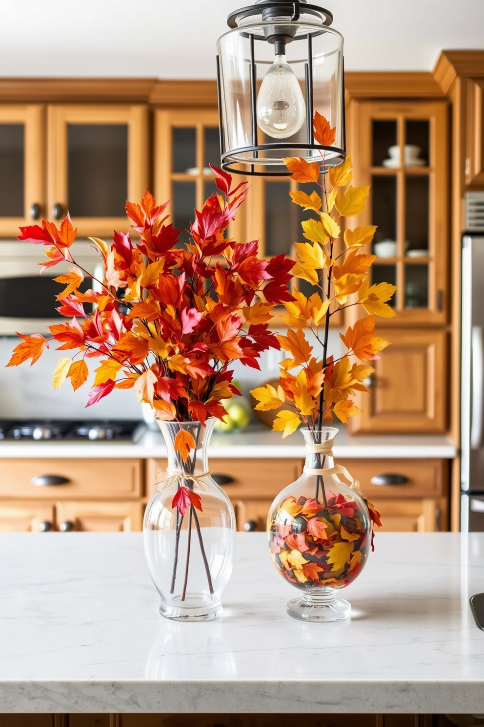 A cozy kitchen adorned with vibrant autumn leaves displayed in elegant glass vases. The warm tones of the leaves complement the rustic wooden cabinetry and the inviting atmosphere of the space.