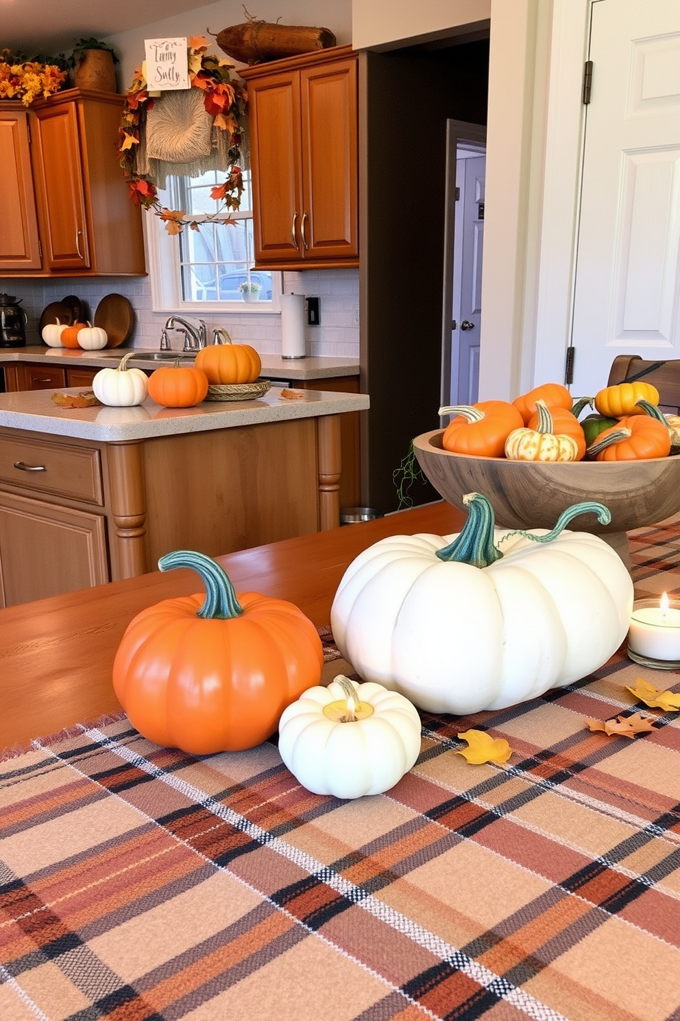 A cozy kitchen adorned with decorative pumpkins in various sizes. The pumpkins are arranged on the countertop, accompanied by autumn leaves and a rustic wooden bowl filled with seasonal fruits. The warm hues of orange and yellow create a festive atmosphere. A plaid table runner stretches across the dining table, with small candles flickering beside the pumpkins for added ambiance.