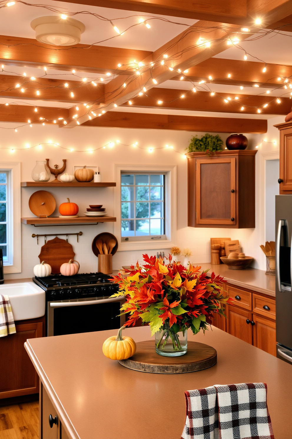 A cozy kitchen adorned with twinkling fairy lights strung across the ceiling beams creating a warm and inviting atmosphere. The countertops are decorated with seasonal fall elements such as pumpkins, gourds, and rustic wooden accents, enhancing the autumn charm. The kitchen island features a centerpiece of vibrant fall foliage arranged in a simple vase. Warm-toned dishware and cozy textiles like plaid dish towels add to the inviting feel of the space.