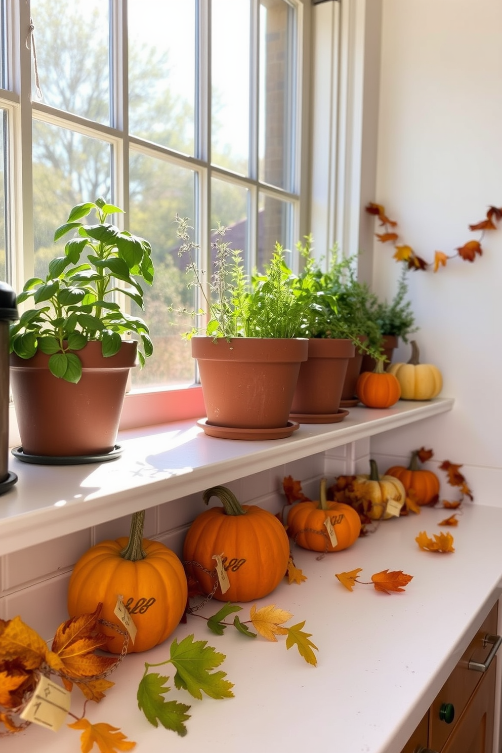 A charming herb garden is thriving on the windowsill of a cozy kitchen. Fresh basil, rosemary, and thyme are potted in rustic terracotta containers, basking in the warm sunlight. The kitchen is adorned with autumn decorations, featuring pumpkins and gourds arranged on the countertop. Warm-toned garlands of leaves drape along the edges of the shelves, creating a welcoming fall atmosphere.