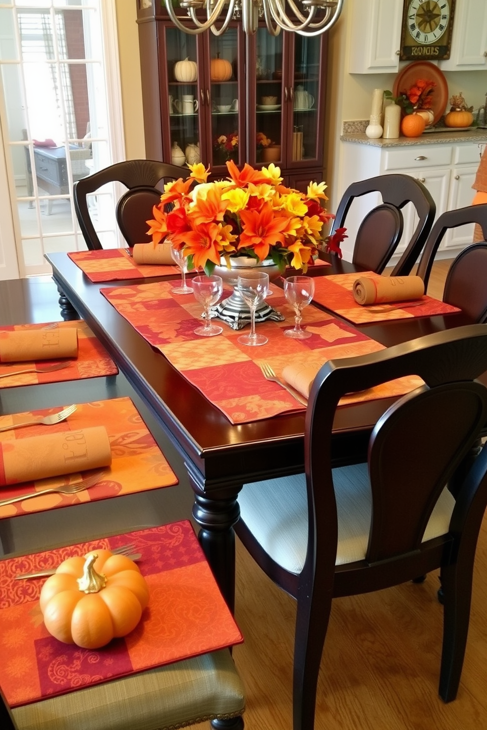 Colorful placemats adorn a beautifully set dining table, featuring a mix of vibrant patterns and textures that complement the surrounding decor. The table is surrounded by elegant chairs, and a centerpiece of seasonal flowers adds a touch of warmth to the inviting atmosphere. Fall kitchen decorating ideas include rich autumn hues like deep oranges and warm browns, creating a cozy ambiance. Decorative elements such as pumpkin accents and rustic tableware enhance the seasonal theme, making the kitchen a welcoming space for gatherings.