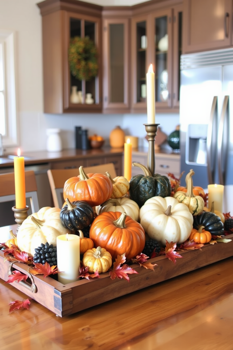 A stunning kitchen island centerpiece adorned with an array of colorful gourds in various sizes and shapes. The gourds are artfully arranged on a rustic wooden tray, surrounded by candles and autumn leaves for a warm fall ambiance.