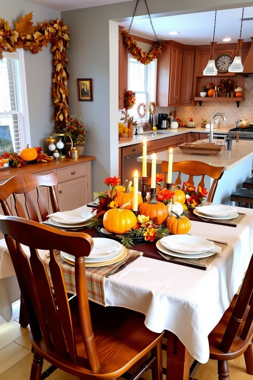 A beautifully set dining table adorned with vibrant pumpkin centerpieces in various sizes and colors. The table is surrounded by rustic wooden chairs, and the warm glow of candlelight enhances the cozy autumn atmosphere. The kitchen features charming fall decorations, including garlands of dried leaves and small pumpkins on the countertops. Rich, warm colors dominate the decor, creating an inviting space perfect for family gatherings during the season.