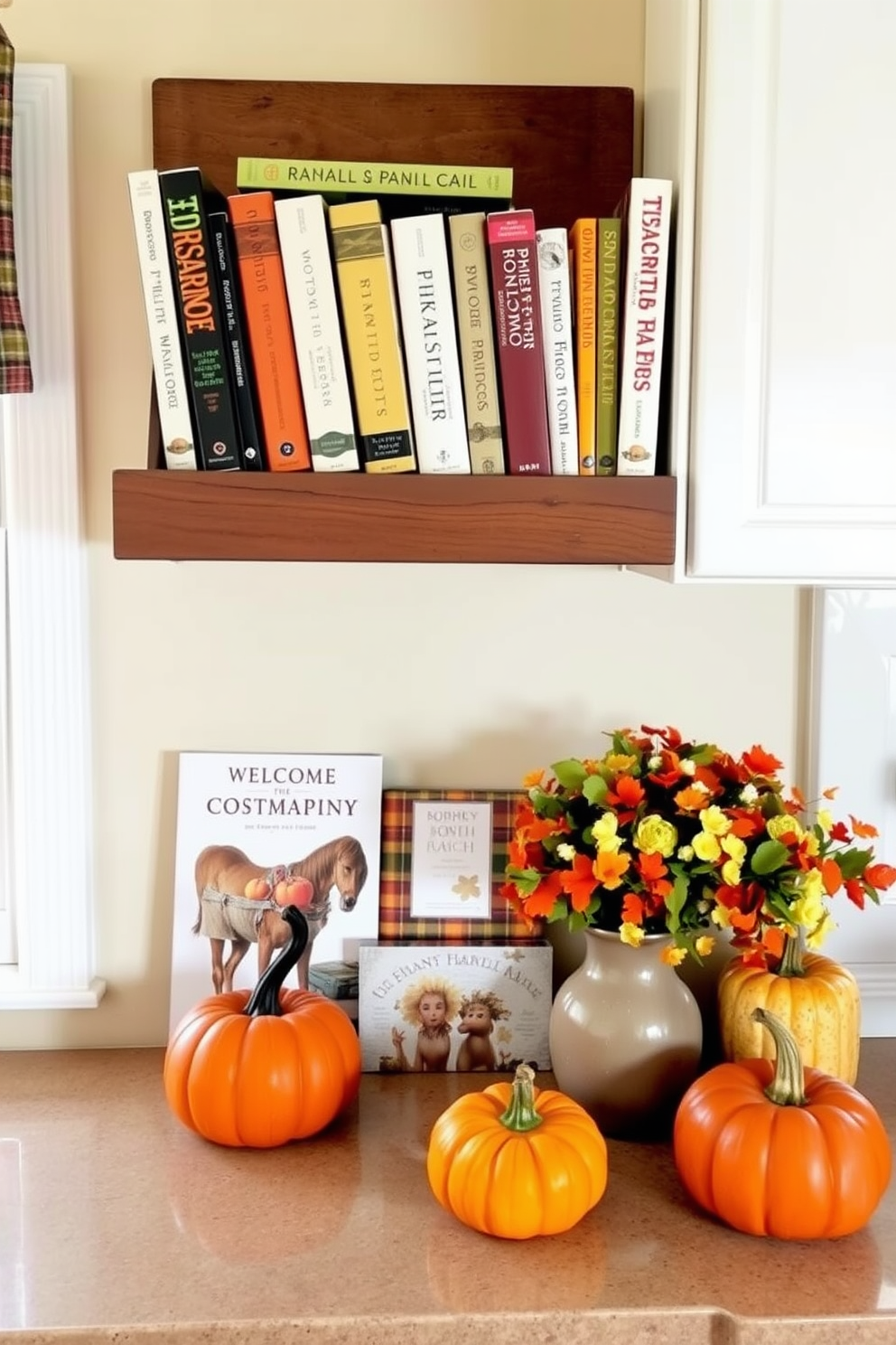 A cozy kitchen adorned with seasonal cookbooks displayed prominently on a rustic wooden shelf. The decor features warm autumn colors with pumpkins and gourds placed around the countertop, creating a welcoming atmosphere.