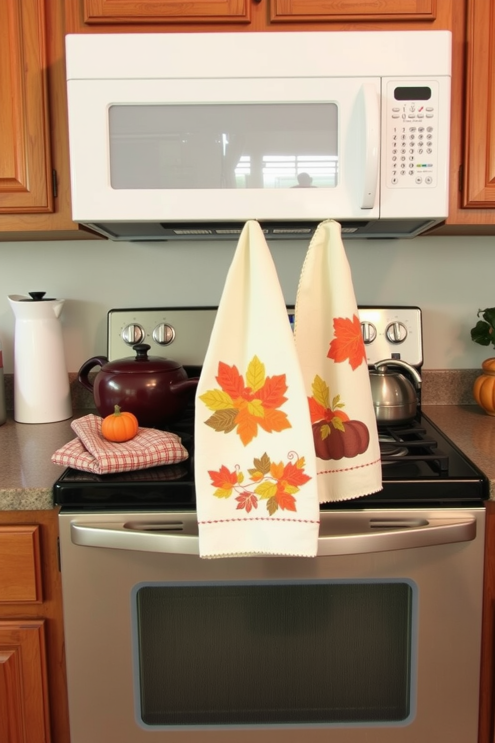 A cozy kitchen adorned with autumn-themed dish towels hanging from the oven handle. The towels feature rich hues of orange, yellow, and brown, complementing the warm wood cabinetry and rustic decor.