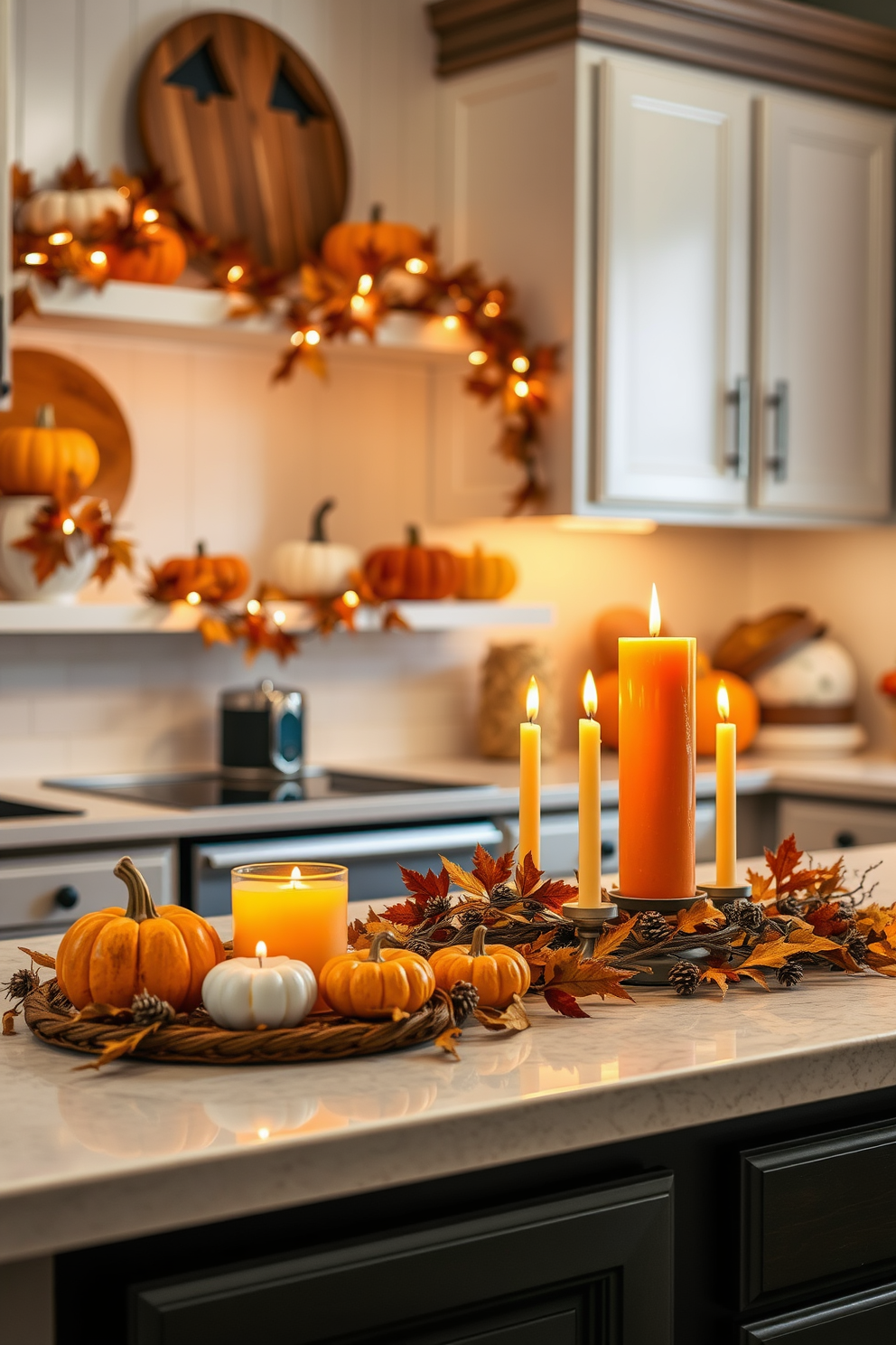 A cozy kitchen setting filled with the warm glow of cinnamon-scented candles placed on the countertop. The decor features autumn-themed accents like miniature pumpkins and garlands of dried leaves draped along the shelves.