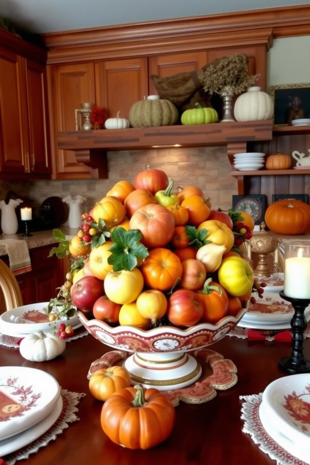 A cozy kitchen adorned for fall features a harvest fruit bowl overflowing with vibrant apples, pears, and pumpkins. The warm wooden cabinets and rustic shelving create an inviting atmosphere, complemented by autumn-themed table linens and soft candlelight.