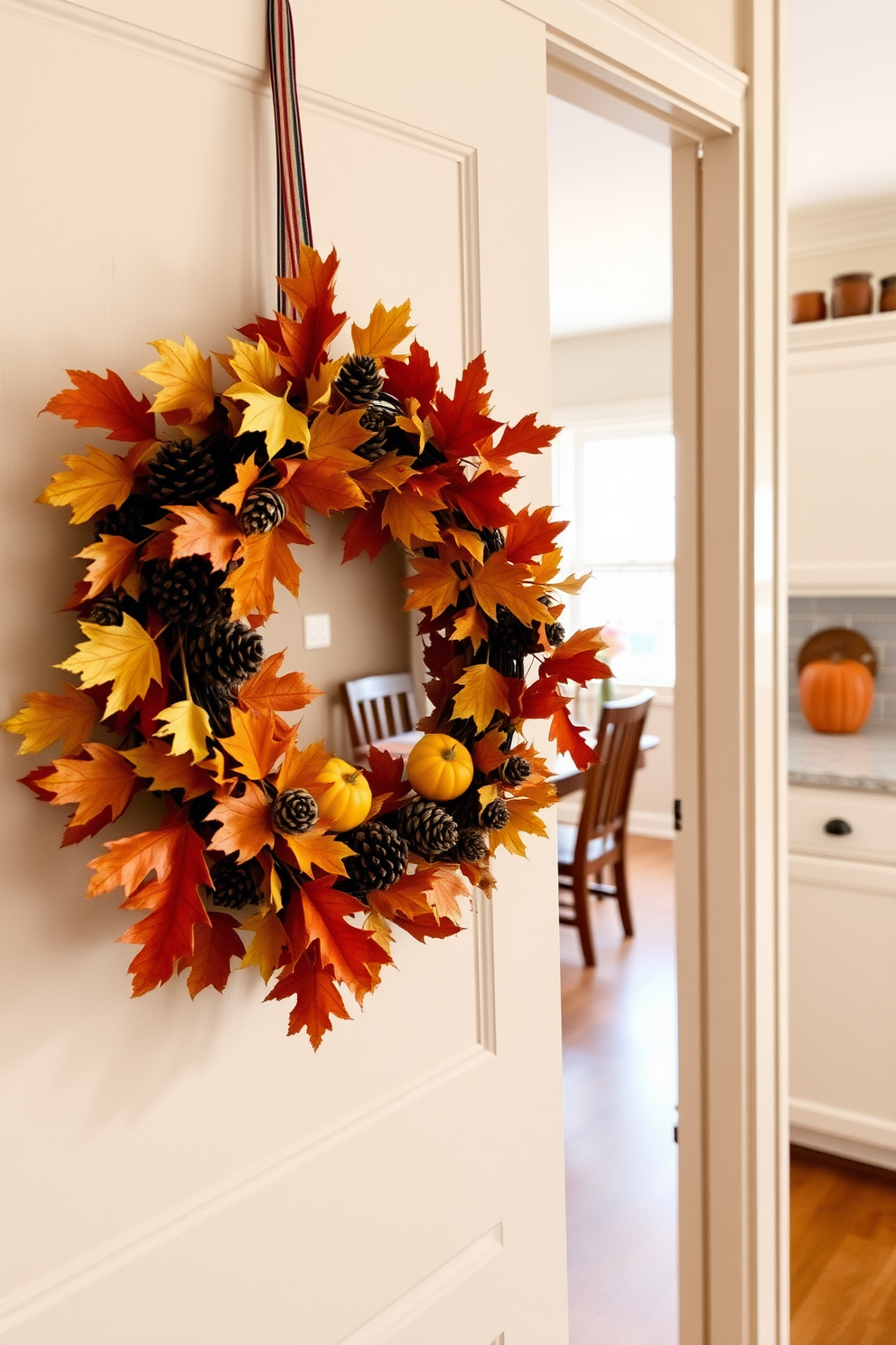 A charming kitchen adorned with a seasonal wreath on the door. The wreath is made of vibrant autumn leaves, pinecones, and small pumpkins, creating a warm and inviting atmosphere. Inside, the kitchen features a rustic wooden table set for a cozy meal. Soft, earthy tones dominate the decor, with accents of orange and gold that reflect the essence of fall.