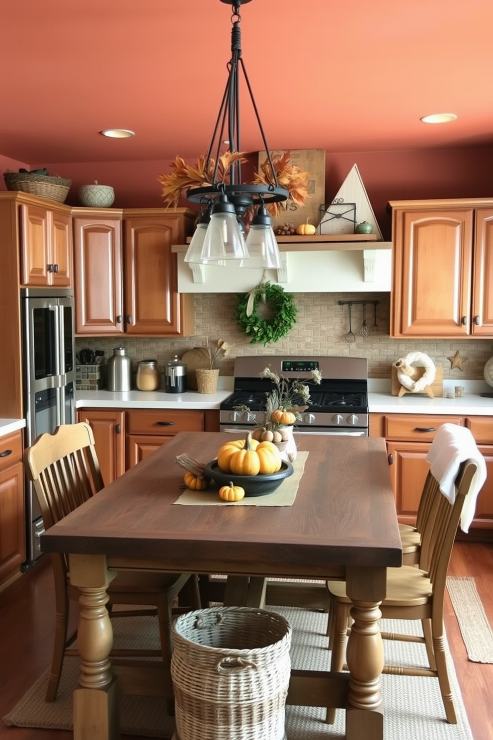 A cozy fall kitchen decorated with an earthy color palette. The walls are painted in warm terracotta, complemented by wooden cabinets and a rustic farmhouse table at the center. Autumn-themed accents like pumpkin centerpieces and woven baskets add seasonal charm. Soft, ambient lighting from pendant fixtures creates a welcoming atmosphere for family gatherings.