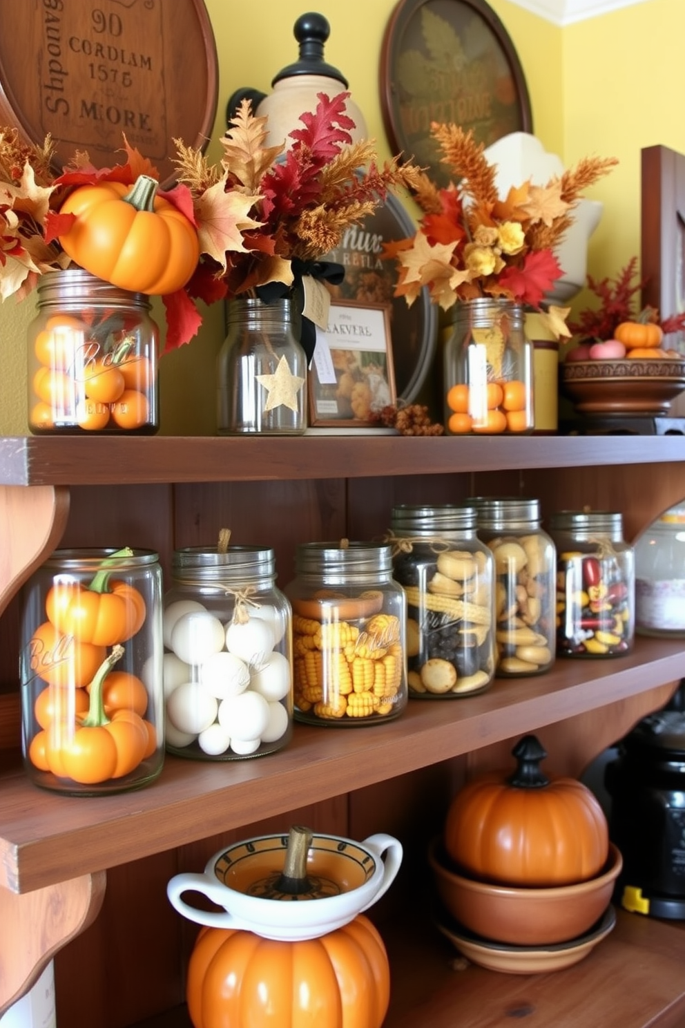 A cozy kitchen adorned with vintage jars filled with colorful fall items such as mini pumpkins, dried corn, and autumn leaves. The jars are arranged on a rustic wooden shelf, surrounded by warm-toned kitchen accessories and a backdrop of soft yellow walls.