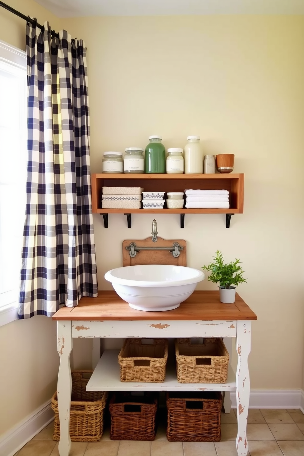 Cozy plaid curtains frame the windows, adding a warm and inviting touch to the laundry room. The walls are painted in a soft cream color, complementing the rustic wooden shelves filled with neatly organized laundry essentials. A vintage wash basin sits atop a distressed wooden table, creating a charming focal point. Decorative baskets are placed underneath for storage, while a small potted plant adds a pop of greenery to the space.