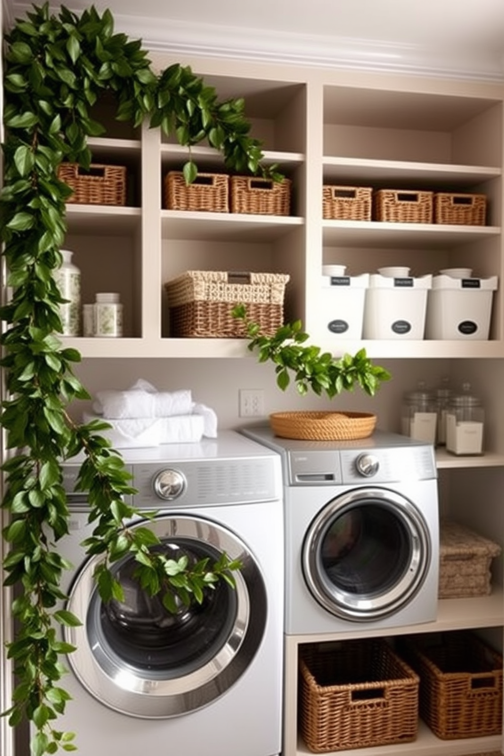 A cozy laundry room adorned with a leaf garland gracefully draped over the open shelves. The shelves are filled with neatly organized baskets and decorative jars, enhancing the inviting atmosphere of the space.