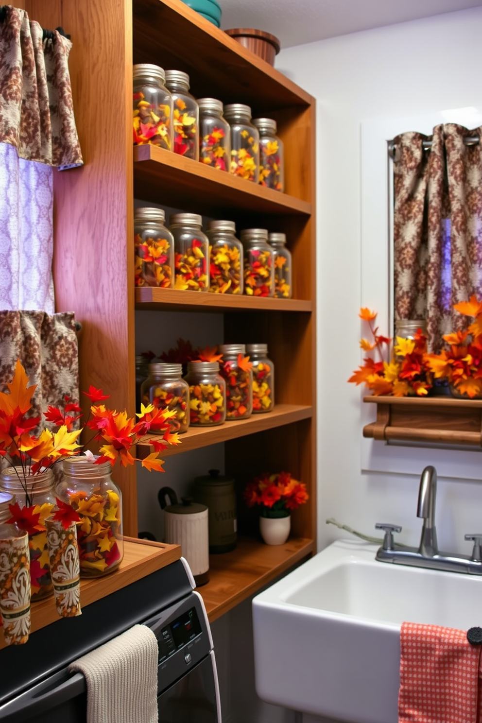 A cozy laundry room adorned with mason jars filled with vibrant autumn potpourri. The space features warm wooden shelves displaying the jars alongside a rustic farmhouse sink and patterned curtains.