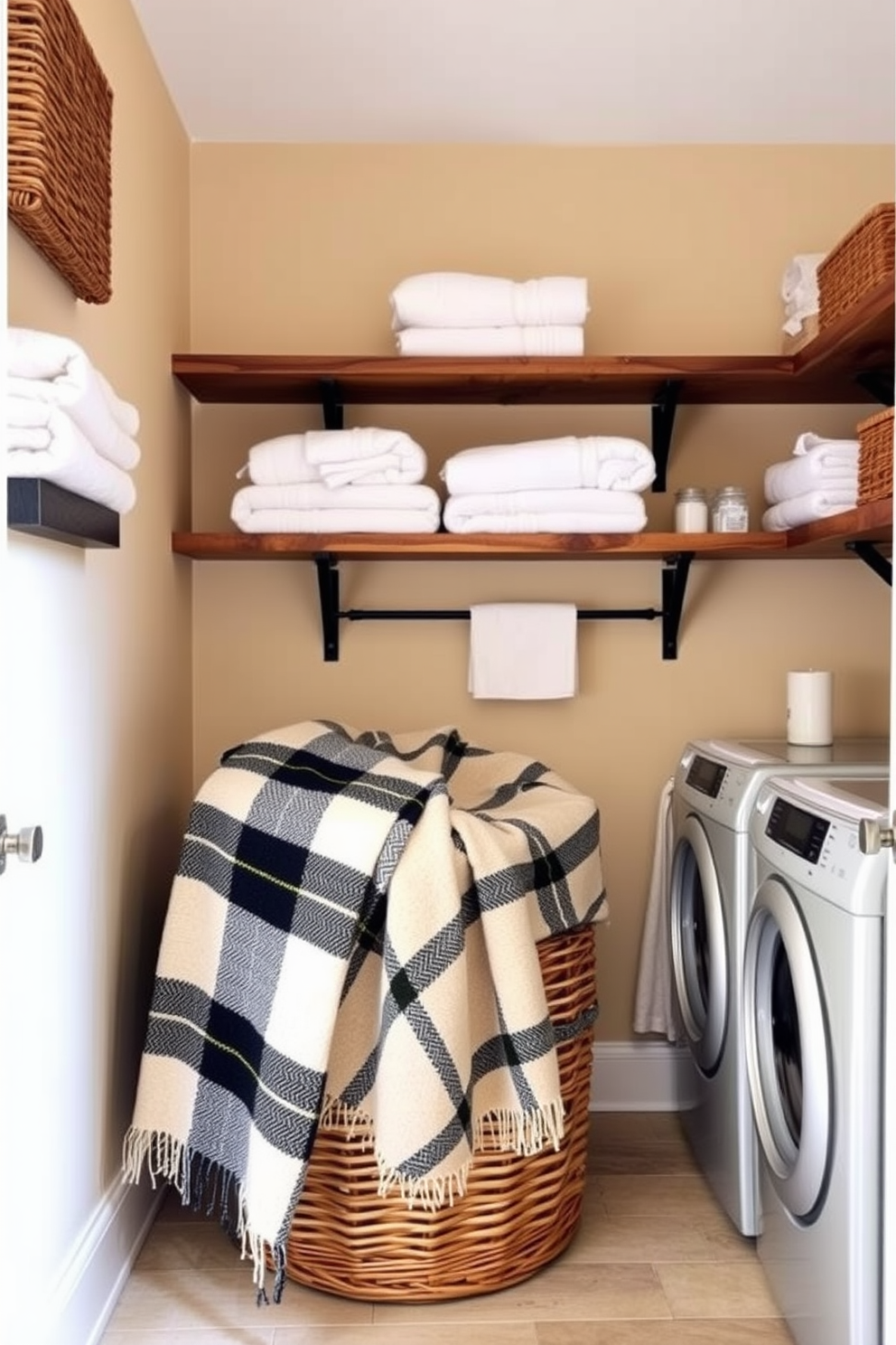 A cozy laundry room featuring a plaid throw blanket draped over a wicker basket. The walls are painted in soft beige, complemented by rustic wooden shelves displaying neatly folded towels and laundry essentials.