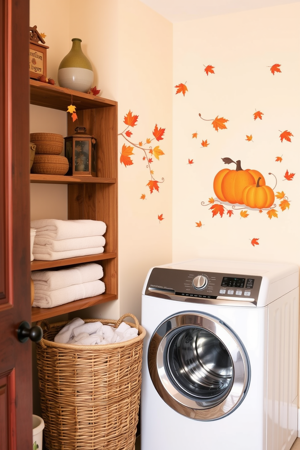 Charming autumn-themed wall decals adorn the laundry room, featuring vibrant leaves and pumpkins that evoke the warmth of the season. The walls are painted in a soft cream color, creating a cozy backdrop for the whimsical designs. The laundry room includes a rustic wooden shelf displaying neatly folded towels and seasonal decor. A vintage-style laundry basket sits in the corner, complementing the autumn theme with its woven texture and earthy tones.