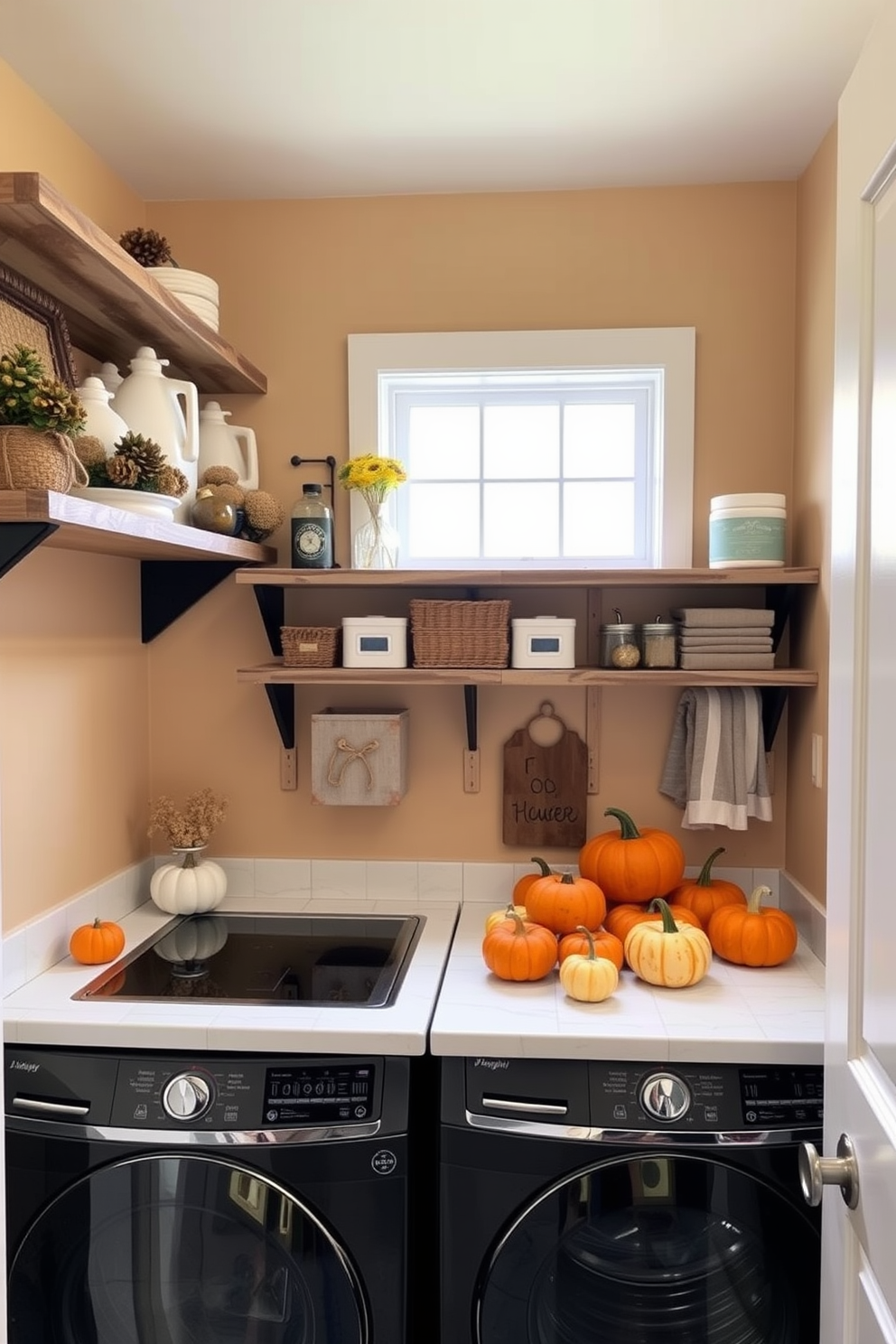 A cozy laundry room adorned with colorful pumpkins scattered across the countertop. The walls are painted in a warm beige hue, complemented by rustic wooden shelves displaying seasonal decor and laundry essentials.