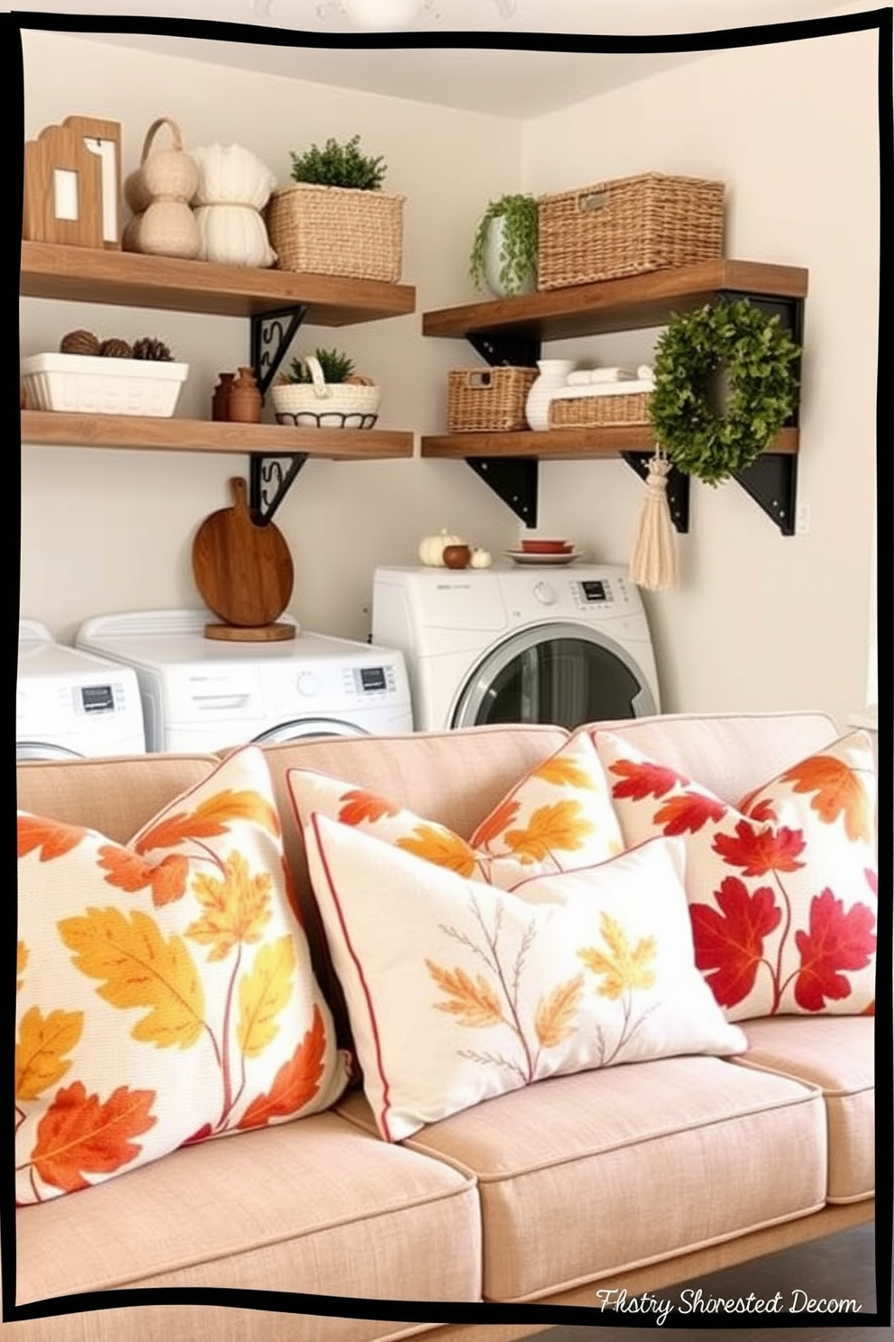 Seasonal throw pillows for seating area. The pillows feature warm tones of orange, yellow, and deep red with leaf patterns, bringing a cozy autumn feel to the space. Fall laundry room decorating ideas. Incorporate rustic elements like wooden shelves and woven baskets, along with a color palette of earthy browns and soft creams to create a warm and inviting atmosphere.