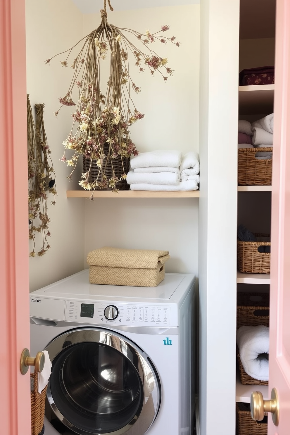 A cozy laundry room decorated with hanging dried flowers adds a natural touch to the space. The walls are painted in soft pastel tones, and open shelving displays neatly folded towels and baskets for organization.