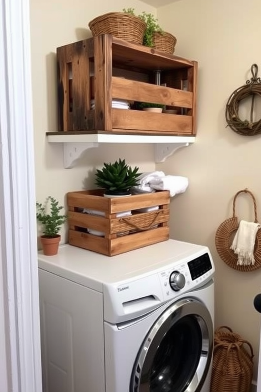 A charming laundry room featuring a wooden crate used as a rustic storage solution. The crate is placed on a shelf above a vintage-style washing machine, adding warmth and character to the space. The walls are painted in a soft cream color, creating a bright and inviting atmosphere. Decorative elements like potted plants and woven baskets complement the rustic theme, enhancing the overall aesthetic.