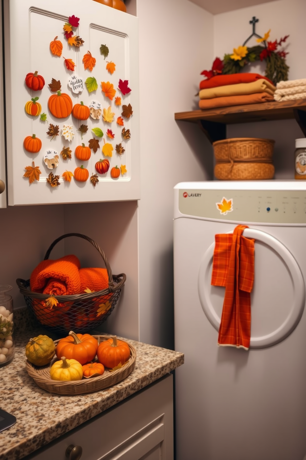 A cozy laundry room adorned with fall-themed decorations. The fridge is decorated with an array of colorful fall-themed magnets, showcasing pumpkins, leaves, and warm seasonal colors. The laundry room features a rustic wooden shelf filled with neatly folded towels in autumn hues. A decorative basket with seasonal fruits and a small pumpkin sits on the countertop, adding a festive touch.