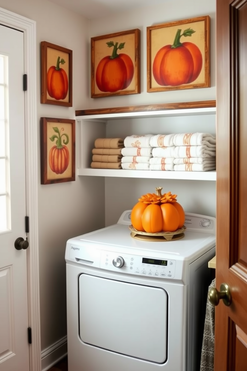 A cozy laundry room adorned with pumpkin-themed wall art brings seasonal charm to the space. The walls feature vibrant pumpkin illustrations framed in rustic wood, creating a warm and inviting atmosphere. A functional yet stylish laundry area showcases open shelving filled with neatly folded autumn-themed towels. A decorative pumpkin centerpiece sits on the counter, enhancing the festive decor while maintaining a practical design.