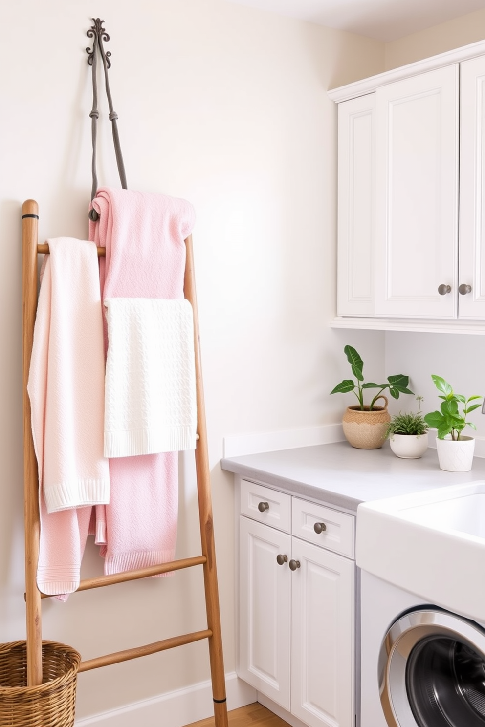 A decorative ladder stands elegantly against the wall, showcasing neatly arranged towels in soft pastel hues. The laundry room features a bright and airy atmosphere with white cabinetry and a farmhouse sink, complemented by potted plants on the counter.