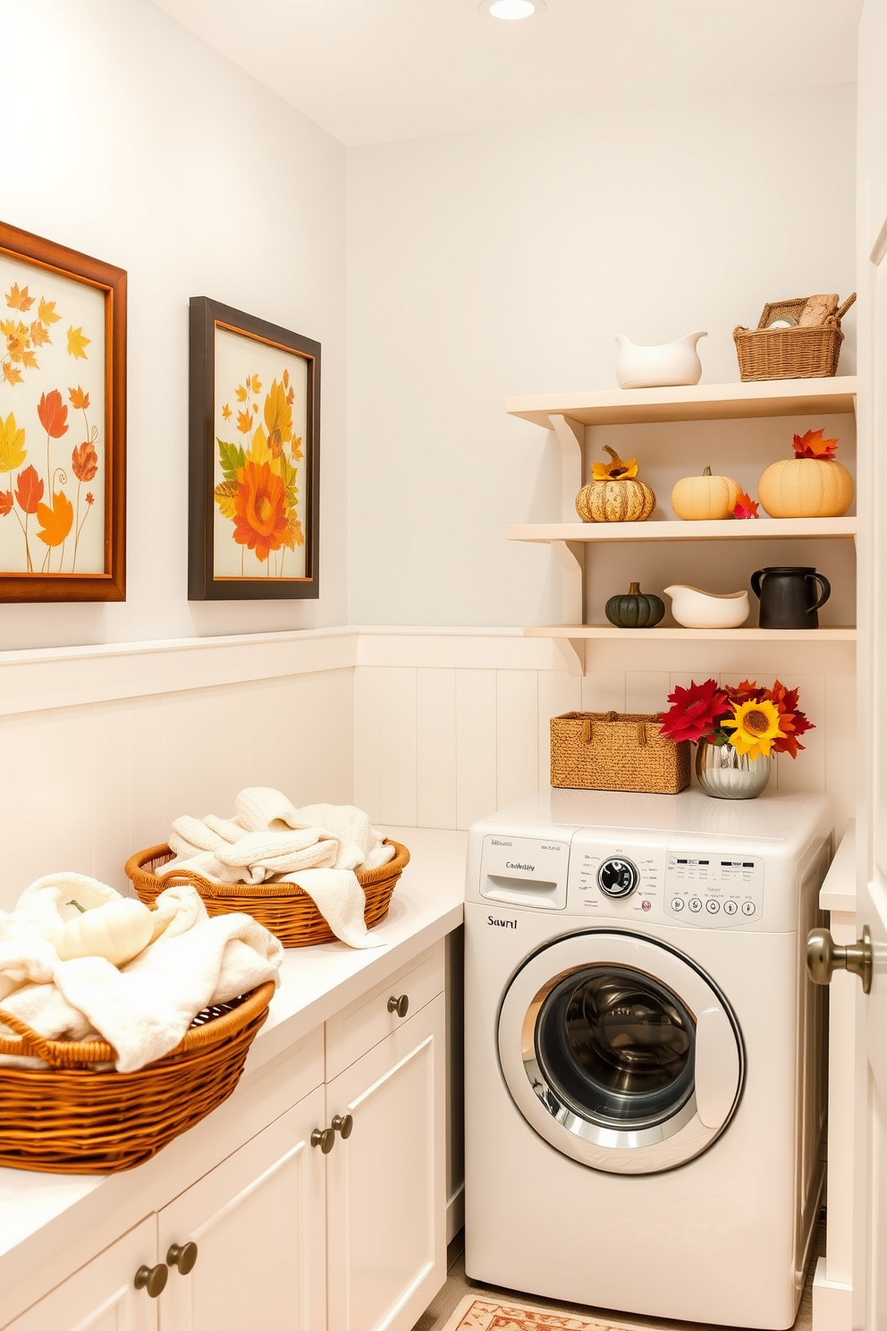 Cheerful autumn prints in frames adorn the walls of a bright and inviting laundry room. The room features a spacious countertop, where baskets filled with freshly laundered clothes sit next to a vintage-style washing machine. Fall-themed decorations, such as small pumpkins and colorful leaves, are tastefully arranged on the shelves. Soft, warm lighting enhances the cozy atmosphere, making laundry day feel more enjoyable.