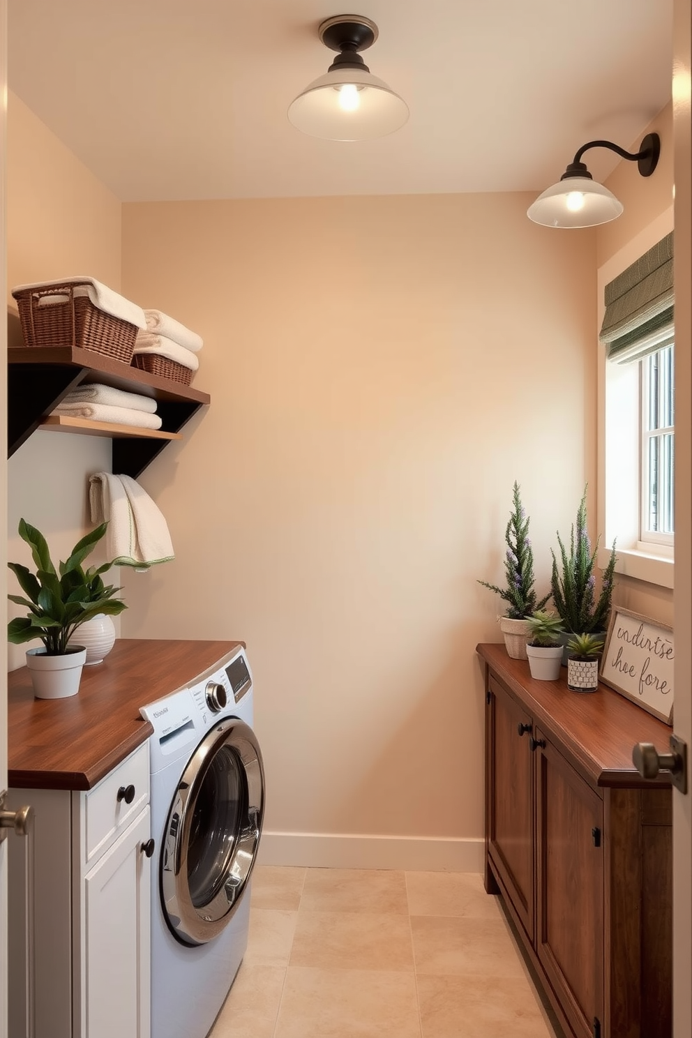 A warm and inviting laundry room with soft lighting fixtures that create a cozy atmosphere. The walls are painted in a soft beige tone, and a rustic wooden shelf holds neatly folded towels and decorative baskets. A vintage-style washing machine sits beside a wooden countertop, adorned with potted plants and a decorative sign. The floor features a light-colored tile that complements the warm lighting, enhancing the overall inviting feel of the space.