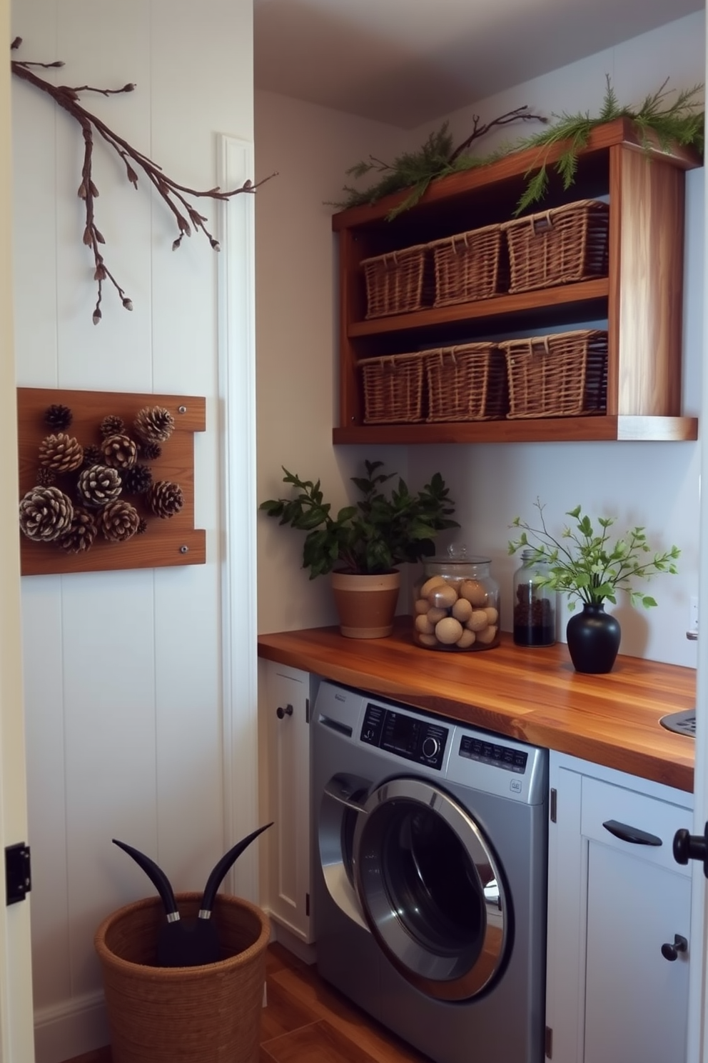 A cozy laundry room adorned with natural elements like pinecones and acorns. The space features wooden shelving filled with wicker baskets and a rustic countertop made from reclaimed wood. Soft, warm lighting illuminates the room, creating a welcoming atmosphere. A potted plant sits in the corner, adding a touch of greenery to the decor.