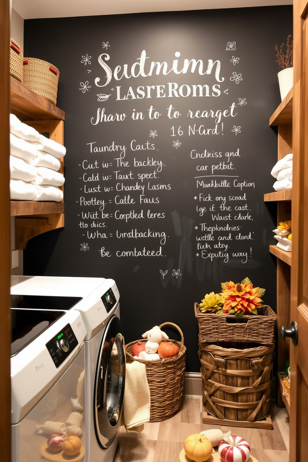 A cozy laundry room featuring a large chalkboard wall that invites seasonal messages and notes. The space is adorned with rustic wooden shelves displaying neatly folded towels and decorative baskets filled with autumn-themed decor.