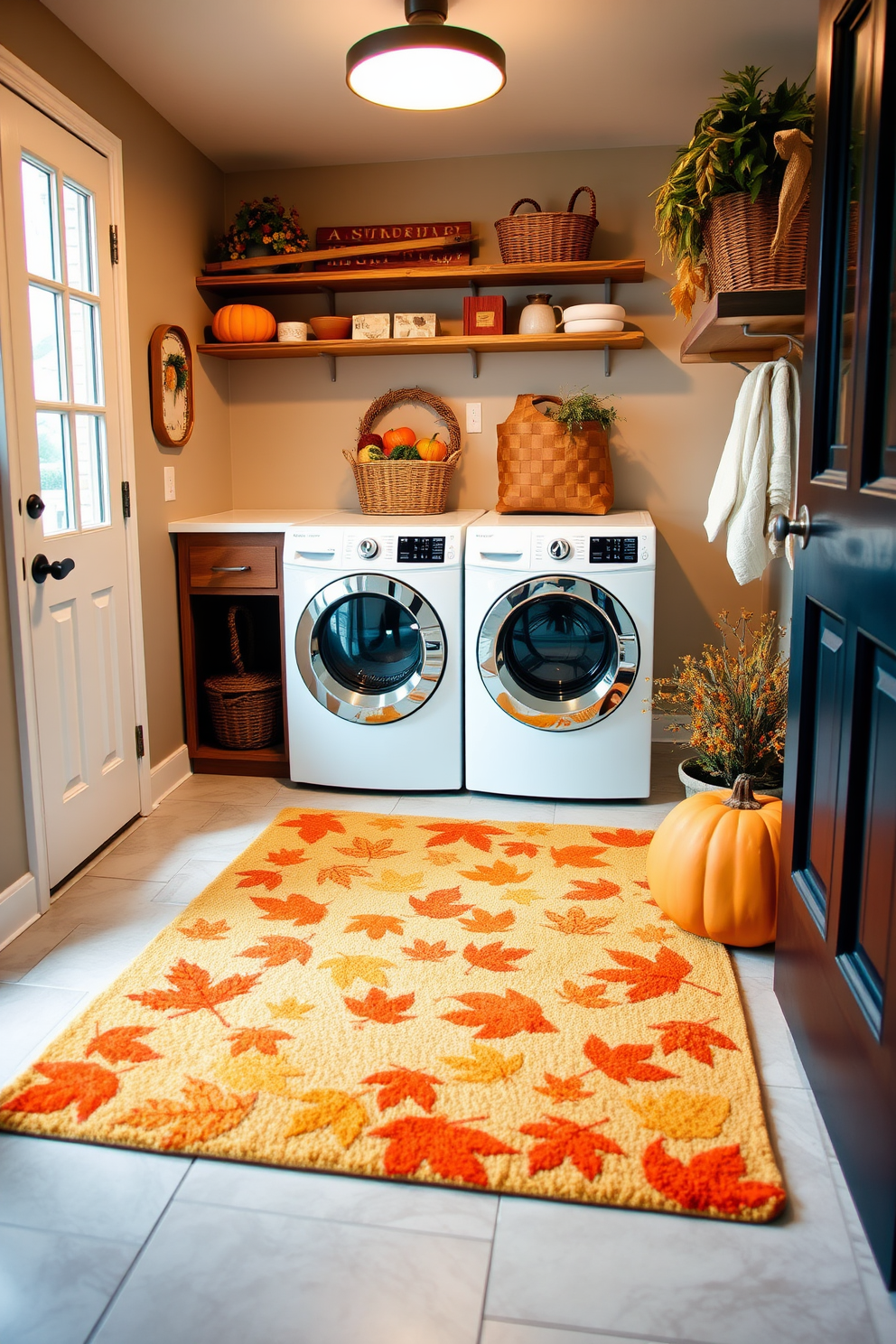 Create an autumn-inspired floor mat for an entryway. The mat features warm tones of orange and yellow with leaf patterns, inviting guests into a cozy atmosphere. Design a laundry room that embodies fall decorating ideas. Incorporate rustic elements like wooden shelves and baskets filled with seasonal decor, creating a functional yet stylish space.