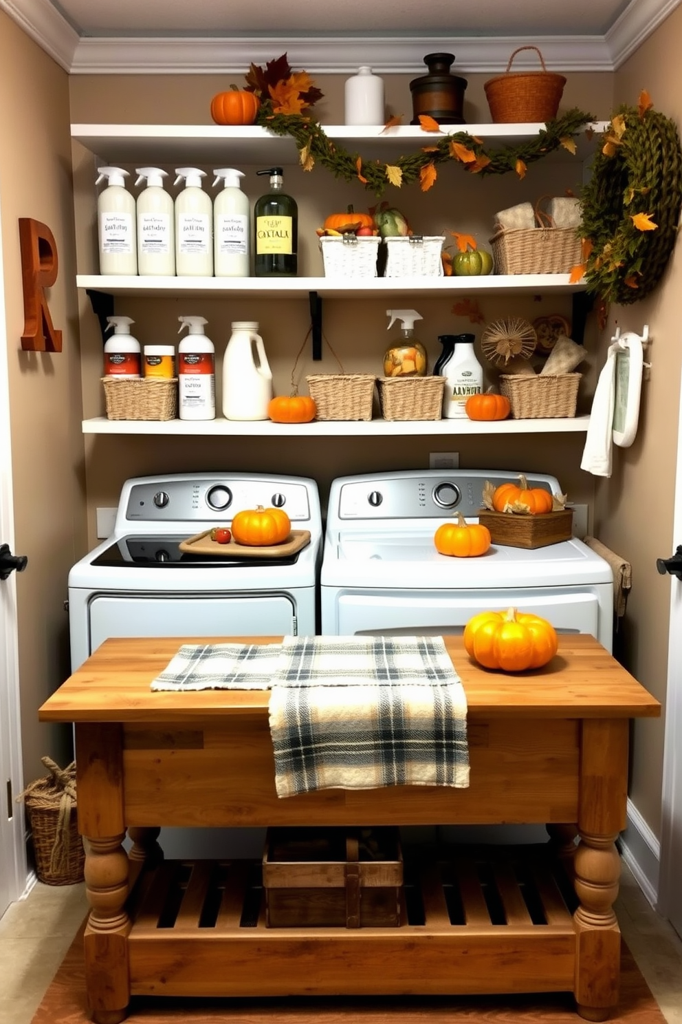 A cozy laundry room adorned with fall-themed decorations. The shelves are lined with seasonal dish soap and laundry supplies in warm autumn colors, complemented by decorative pumpkins and leaves. A rustic wooden table serves as a folding area, topped with a soft plaid runner. The walls are painted in a warm beige tone, creating a welcoming atmosphere for seasonal chores.