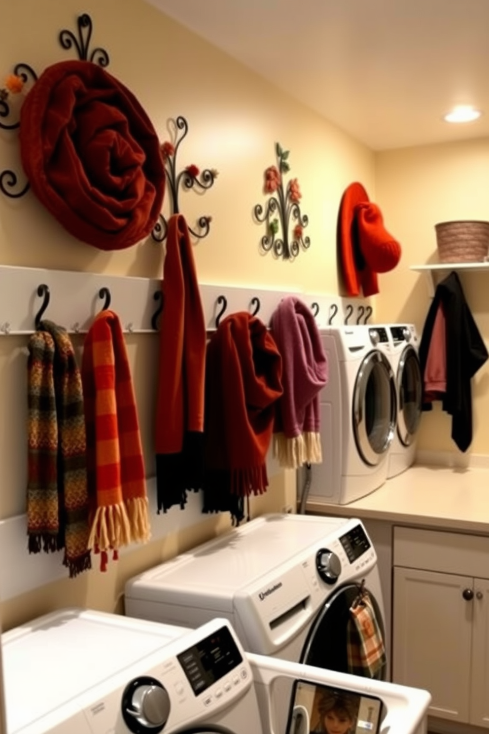 A cozy laundry room adorned with decorative hooks for seasonal accessories. The hooks are stylishly arranged along the wall, showcasing vibrant scarves and hats that reflect the autumn hues. The room features a functional layout with a spacious countertop for folding clothes. Warm lighting illuminates the space, creating an inviting atmosphere perfect for seasonal decorating.