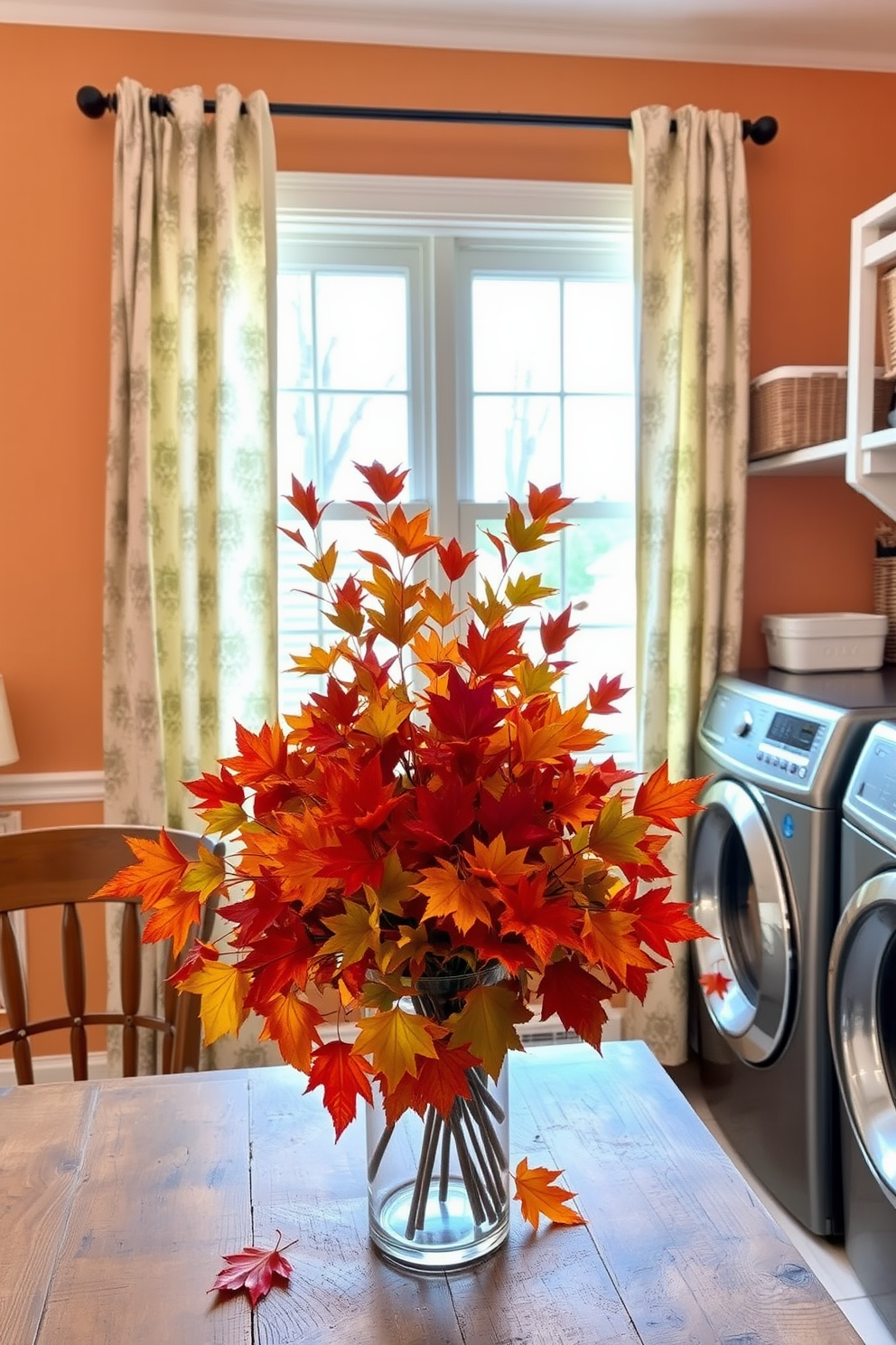 A vibrant arrangement of colorful autumn leaves is displayed in a clear glass vase on a rustic wooden table. The backdrop features warm, earthy tones that evoke the essence of the season. The laundry room is designed with cheerful colors and functional storage solutions. Soft, patterned curtains frame a window that lets in natural light, while decorative baskets and shelves add charm and organization.