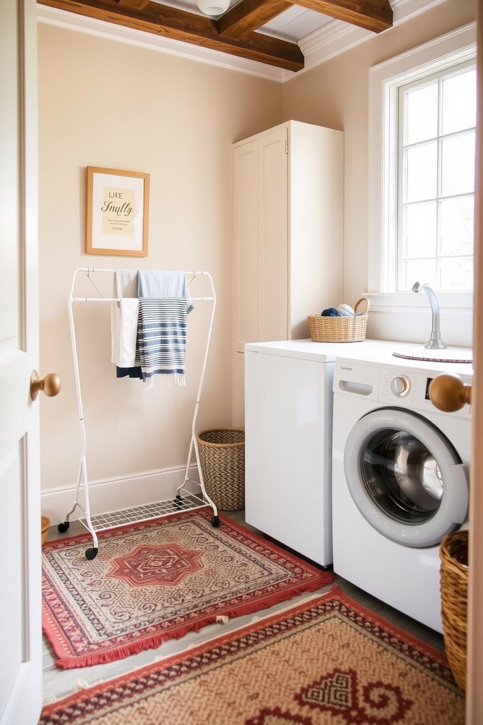 A cozy laundry room featuring layered rugs that add texture and warmth to the space. The walls are painted in a soft pastel color, and a stylish drying rack is positioned near a window, allowing natural light to brighten the room.