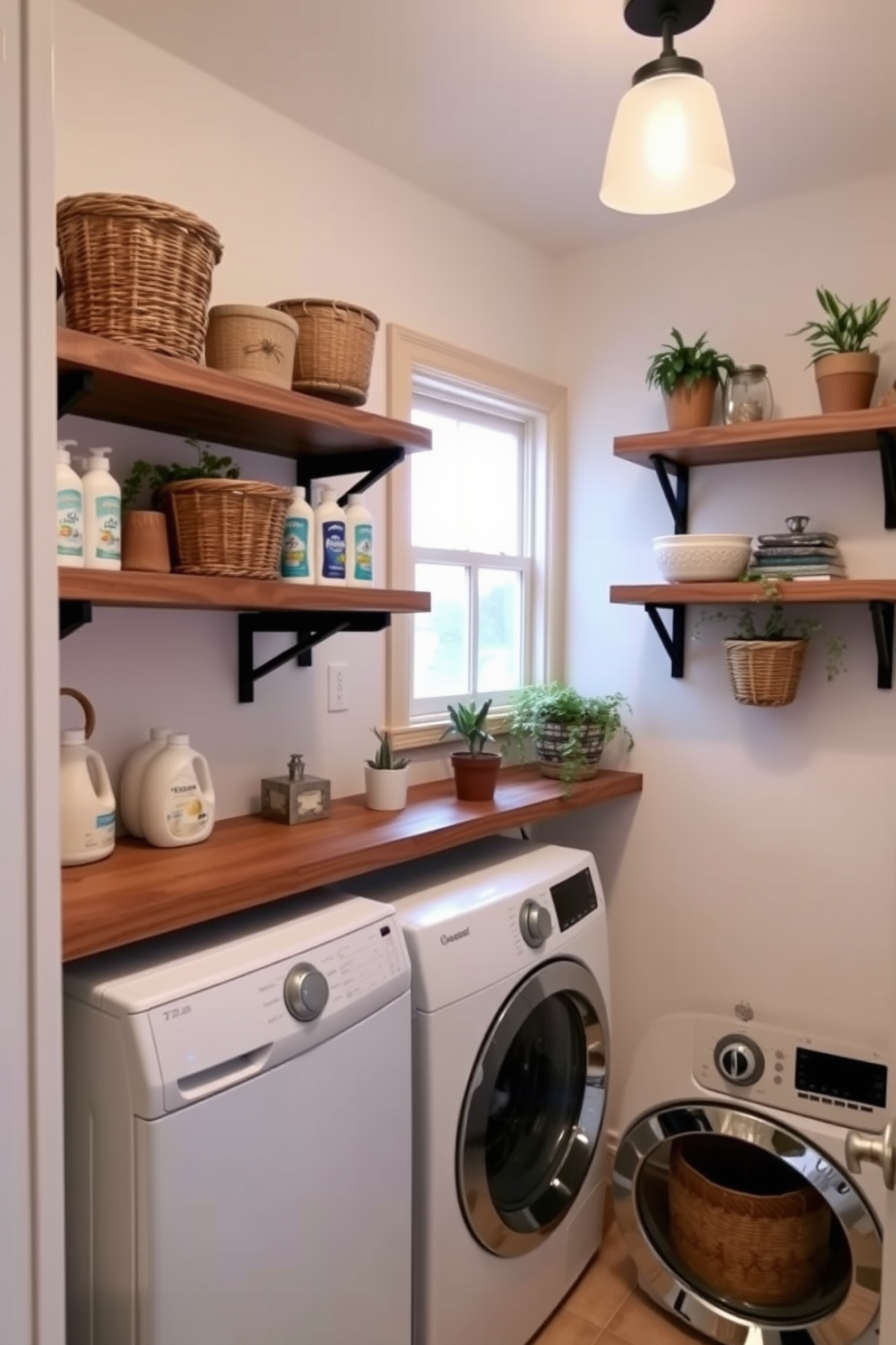 A cozy laundry room features rustic wooden shelves mounted on the walls, providing ample storage for detergents and supplies. The shelves are adorned with decorative baskets and potted plants, adding a touch of warmth and charm to the space.