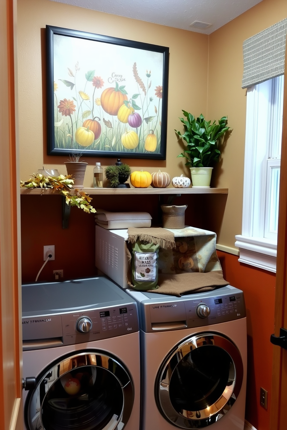 A cozy laundry room adorned with harvest-themed artwork above the washer. The walls are painted in warm earthy tones, and a rustic wooden shelf displays seasonal decorations and potted plants.