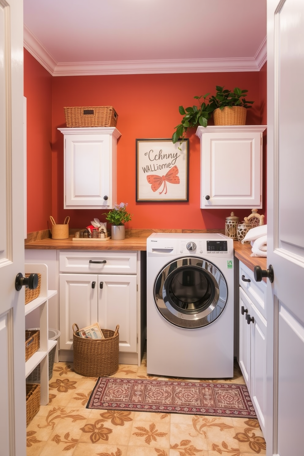 A cozy laundry room adorned with warm-toned paint creates an inviting atmosphere. The walls are painted in a soft terracotta hue, complemented by white cabinetry and a rustic wooden countertop. A stylish washer and dryer are seamlessly integrated into the design, surrounded by decorative baskets for storage. A cheerful wall art piece and potted plants add a touch of personality and warmth to the space.