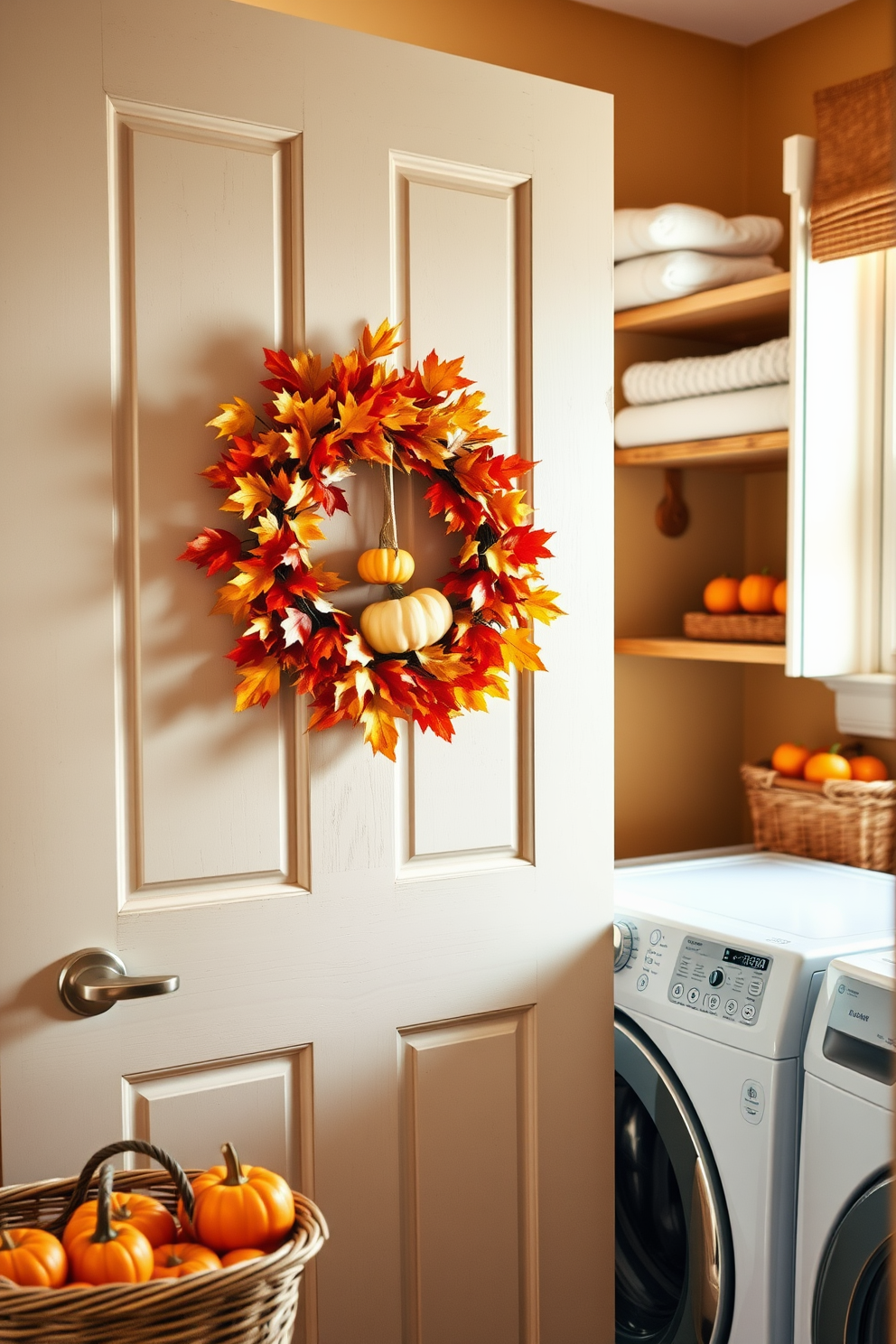 A cozy laundry room featuring a seasonal wreath made of vibrant autumn leaves and small pumpkins hanging on the door. The room is adorned with warm tones, including a rustic wooden shelf displaying neatly folded towels and a decorative basket filled with seasonal fruits.