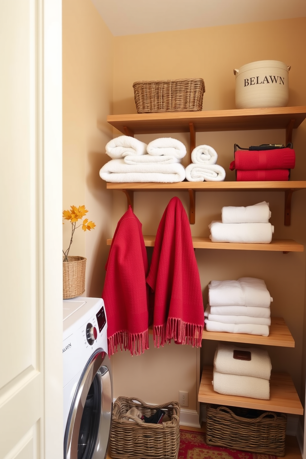 A cozy laundry room filled with autumn-colored towels that add a vibrant pop of color. The walls are painted in a warm beige, creating a welcoming atmosphere, while wooden shelves display neatly folded towels alongside decorative baskets.