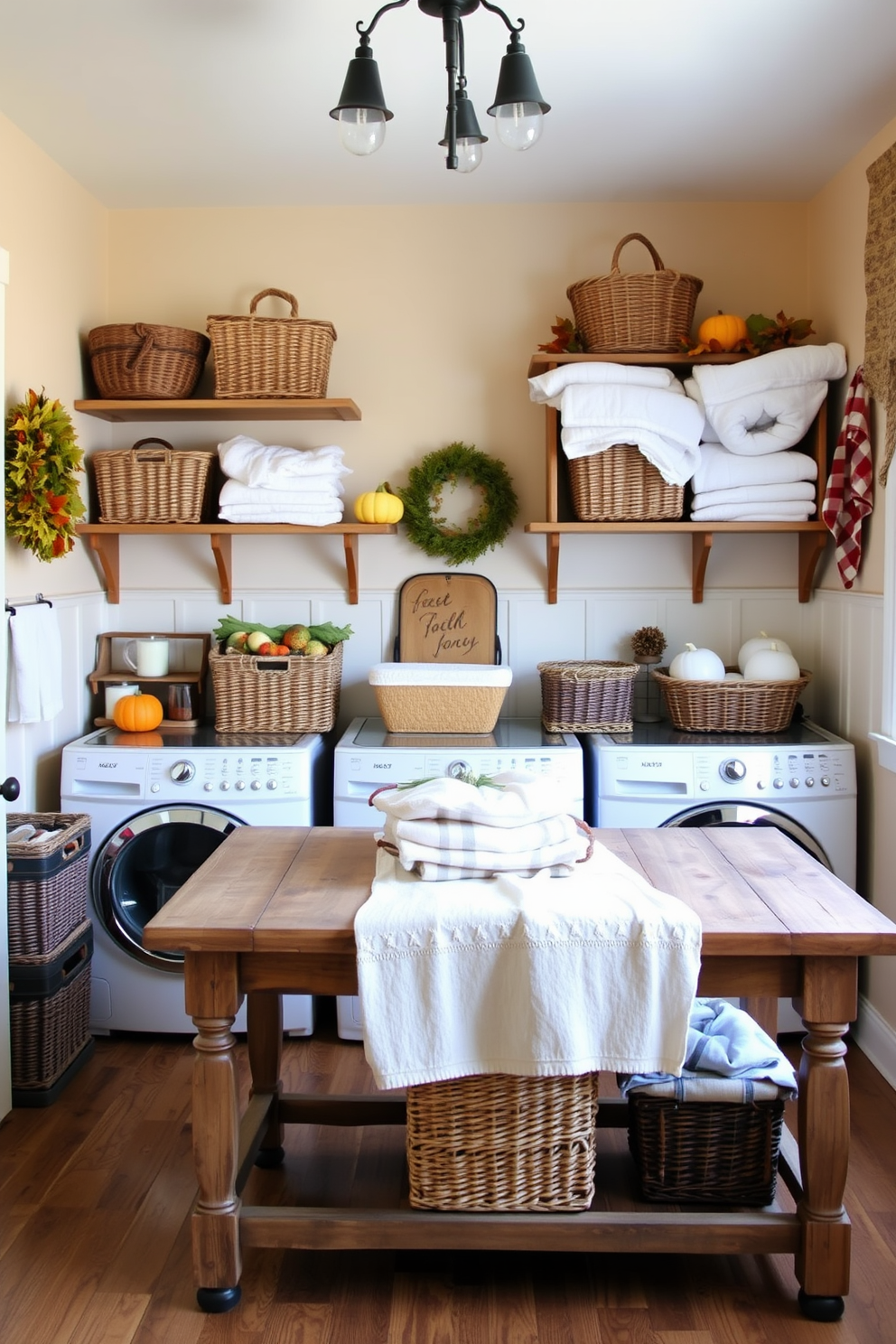 A cozy laundry room featuring decorative baskets for organized laundry. The baskets are woven with natural fibers and arranged neatly on wooden shelves, enhancing the room's charm. Soft autumn colors adorn the walls, complemented by seasonal decor like pumpkins and leaves. A rustic farmhouse table is placed in the center, providing ample space for folding clothes and adding to the inviting atmosphere.