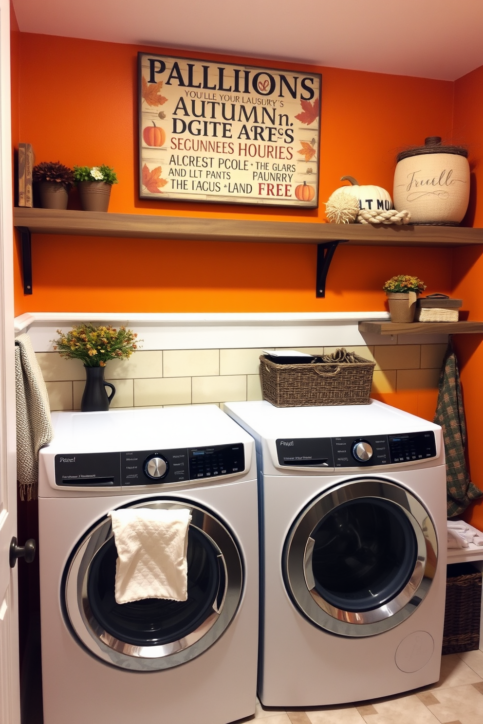 A cheerful laundry room adorned with a fun sign featuring autumn quotes. The walls are painted in warm shades of orange and yellow, complemented by rustic wooden shelves displaying seasonal decorations.