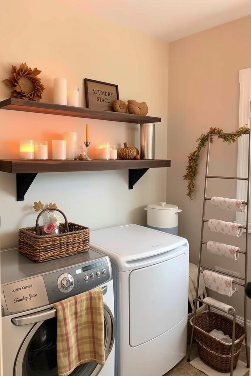 A warm and inviting laundry room decorated for fall. The space features a rustic wooden shelf adorned with candles in autumn scents like pumpkin spice and cinnamon, creating a cozy atmosphere. Soft, muted colors dominate the walls, complemented by decorative elements such as woven baskets and seasonal garlands. A vintage-style drying rack stands against the wall, enhancing the charm of the space while adding functionality.