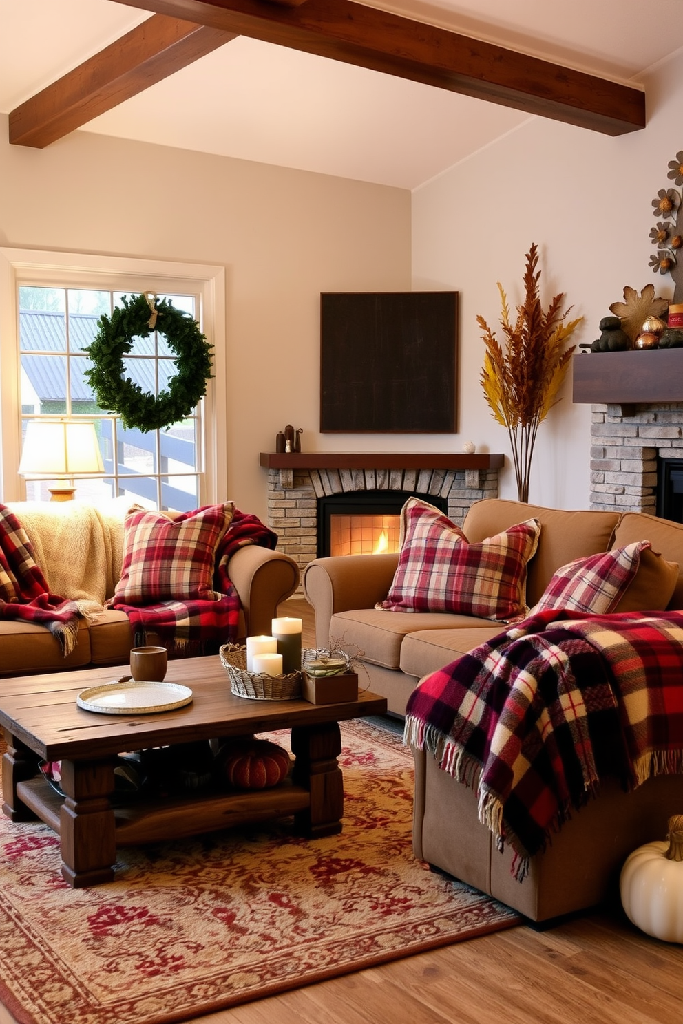 A cozy fall living room filled with warm plaid throw blankets draped over plush sofas. The space features a rustic coffee table adorned with seasonal decorations and a soft glow from a nearby fireplace.